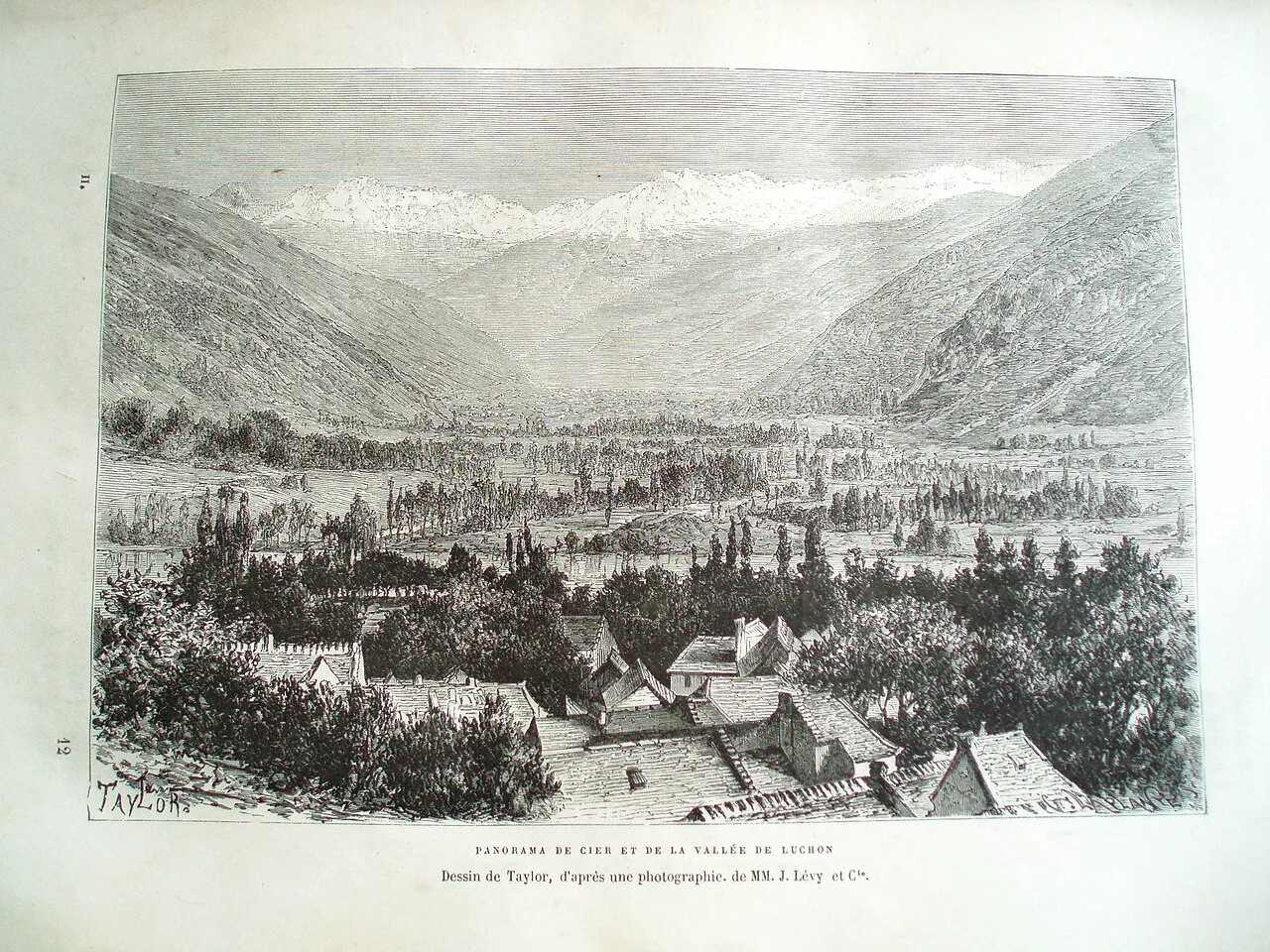 Panorama de Cier et de la vallée de Luchon (Pyrénées), dessin de Taylor, d'après une photographie de J. Lévy et Cie, in: Élisée Reclus, Nouvelle géographie universelle, t.2: La France, 1877, p. 89.